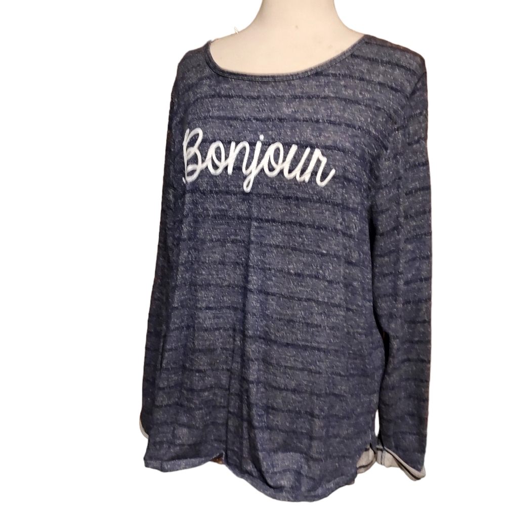 Bonjour Xl Long Sleeve  Shirt Top Blue Distressed Woman Boat Neck Faded …